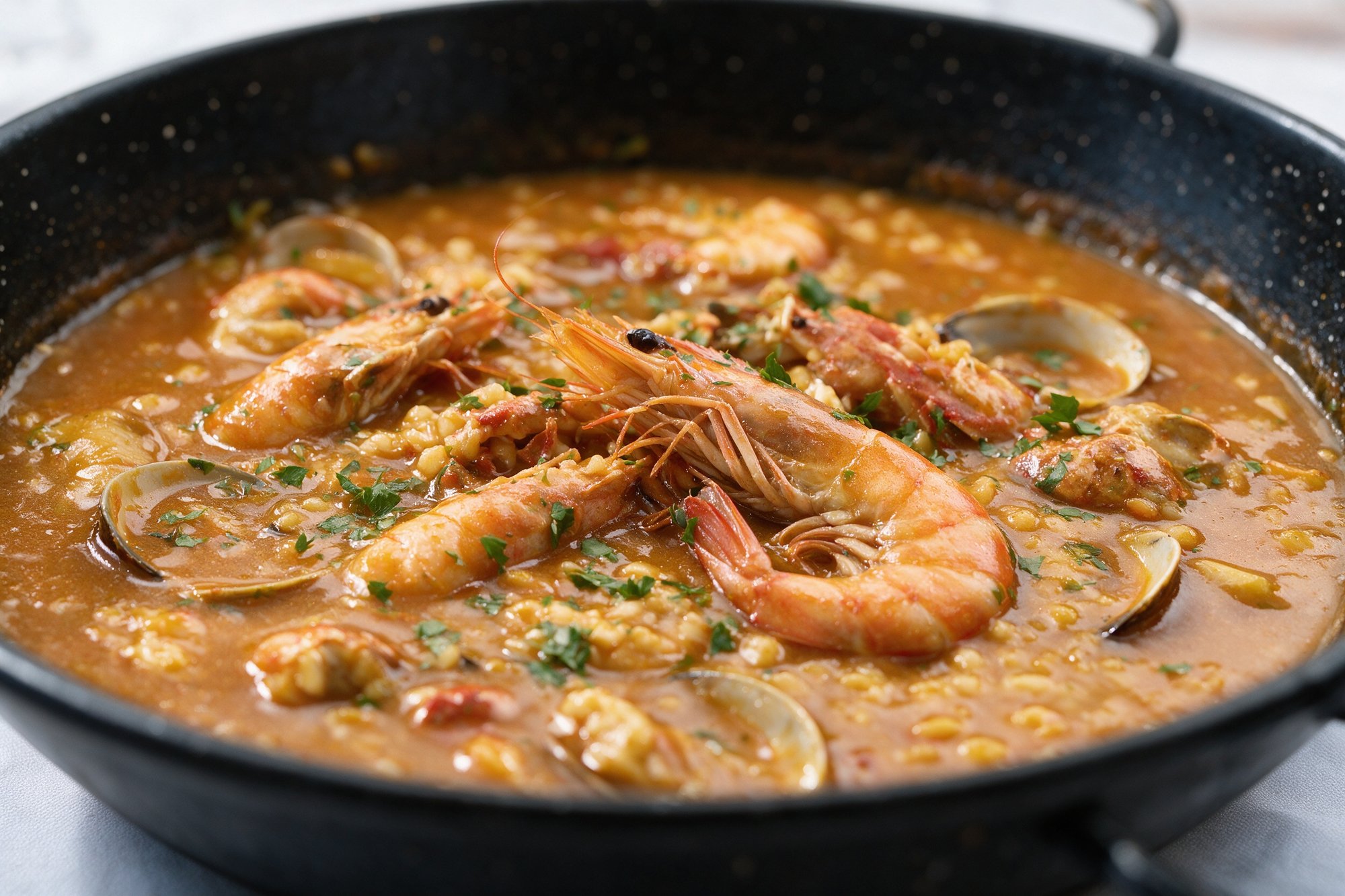 Arroz caldoso con marisco de La Farola: arroz en caldo de tomate con marisco y bogavante